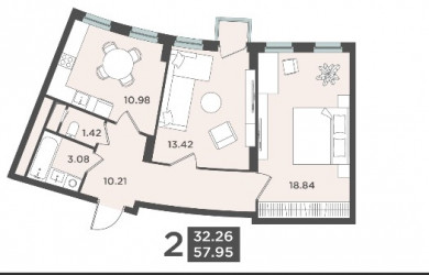 Двухкомнатная квартира 57.95 м²