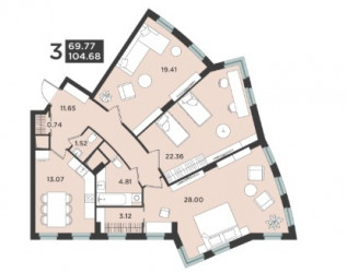 Трёхкомнатная квартира 104.68 м²