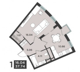 Однокомнатная квартира 37.74 м²