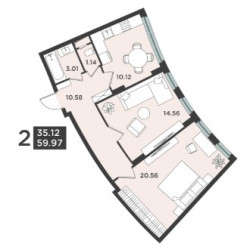Двухкомнатная квартира 59.97 м²
