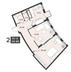 Двухкомнатная квартира 59.98 м²