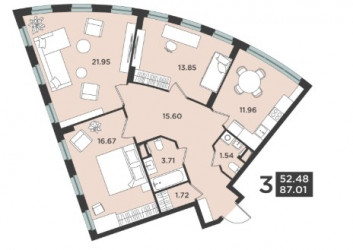 Трёхкомнатная квартира 87.01 м²