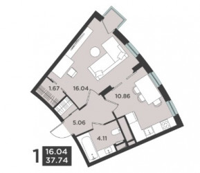 Однокомнатная квартира 37.74 м²