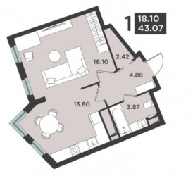 Однокомнатная квартира 43.07 м²